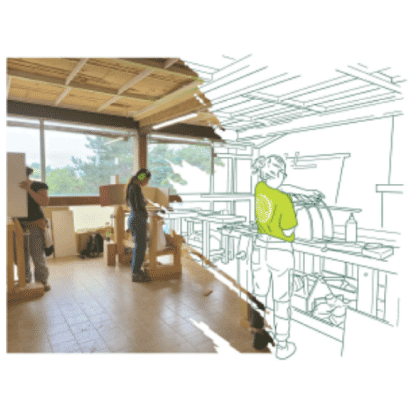 photo se transformant en dessin d'un atelier bois